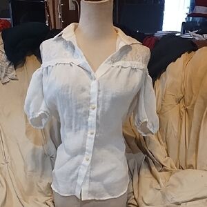 Ochirly White Button-Down Shirt with Lace Detail